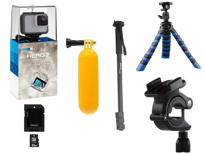 GoPro HERO7 White action camera bundle with mount, tripod, adapter, 32GB card
