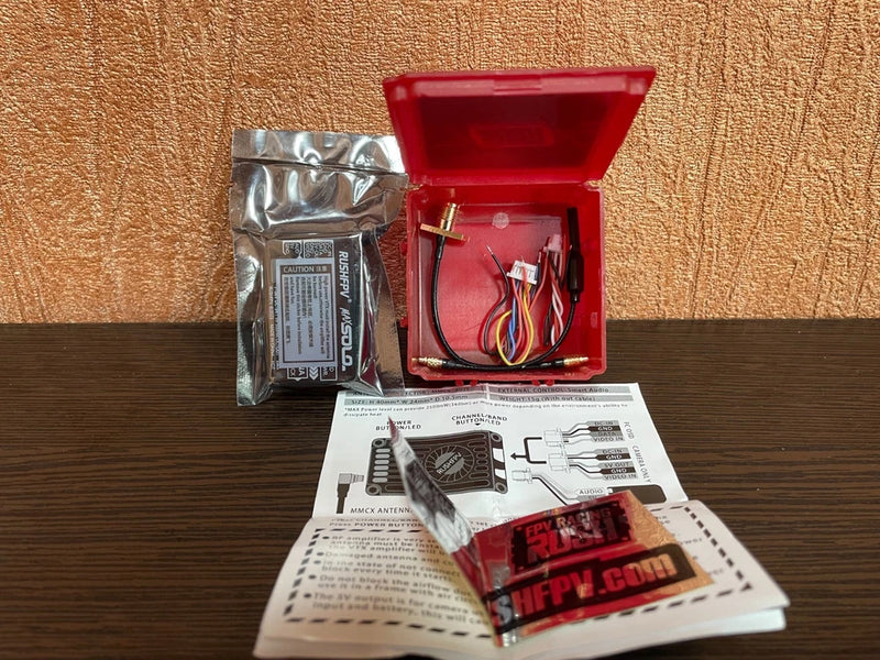 Rush FPV MAX 5.8GHz VTX transmitter kit with antenna in red open case