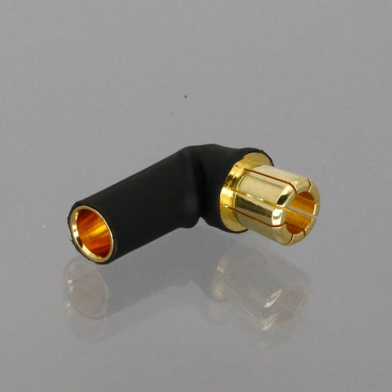 90-degree bullet connector adapter, black with gold 5.5mm female to 8mm male