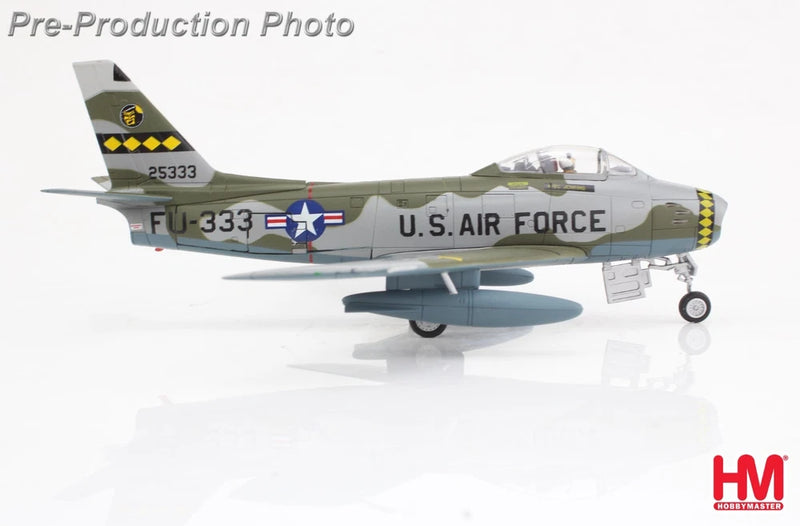 Olive and gray F-86F aircraft model with U.S. Air Force markings, side view.