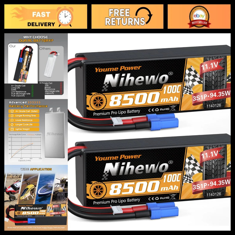 High-Performance 8500mAh 11.1V 100C Lipo Battery EC5 Hard Case for RC Trucks - 2 Battery