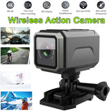 Black action camera with front lens and mounting base, compact portable recorder