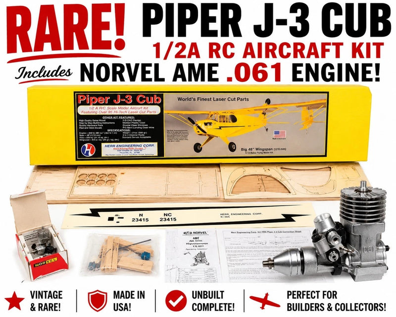 KIT + ENGINE Herr Piper J-3 Cub 1/2A RC Aircraft Kit Norvel AME .061 Motor RARE