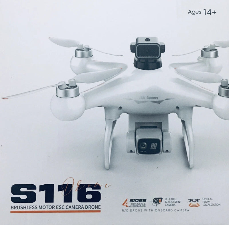 White quadcopter drone with front camera and four propellers