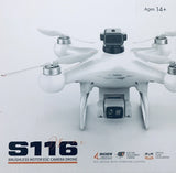 White quadcopter drone with front camera and four propellers
