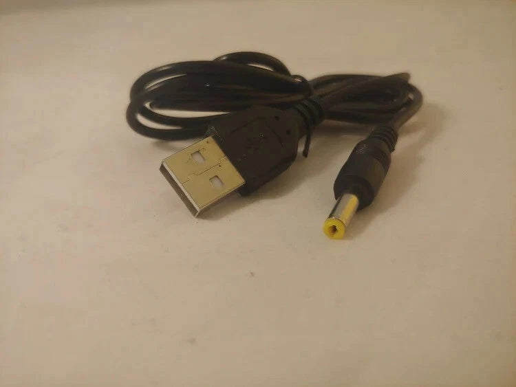 Black USB charger cable with USB-A plug and yellow tip barrel connector