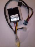 Black DC-DC converter module with attached multi-wire harness and labeled pins