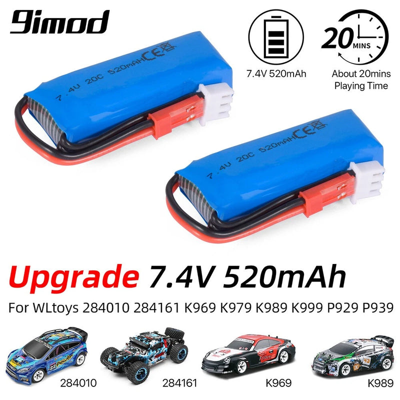 2x WLtoys 7.4V 20C 520mAh Battery for K979 K989 K999 P929 284010 284161 RC Cars