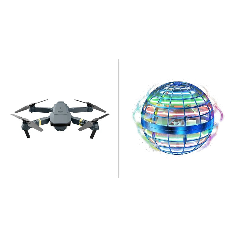 Black quadcopter drone with 360° light globe and four propellers
