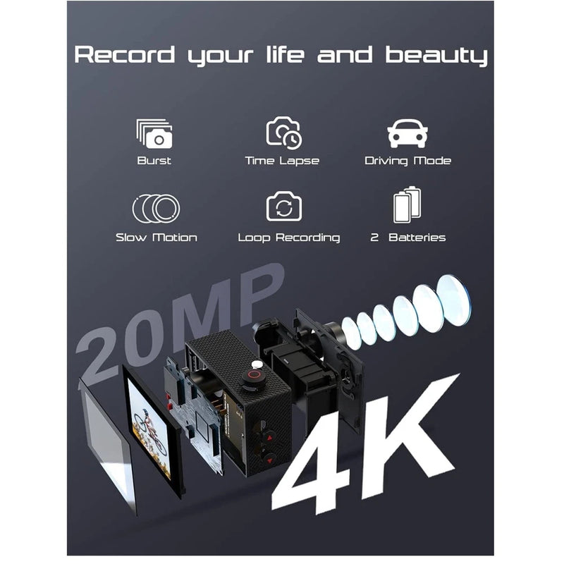 Underwater Action Camera 4K Remote 2 Batteries