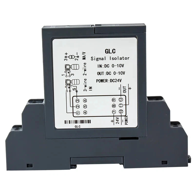 DIN-rail signal isolator with label: IN DC 0-10V, OUT DC 0-10V, power DC24V