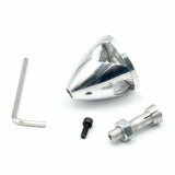 Silver aluminum 4-slot spinner cone with screw, shaft adapter, and L hex key