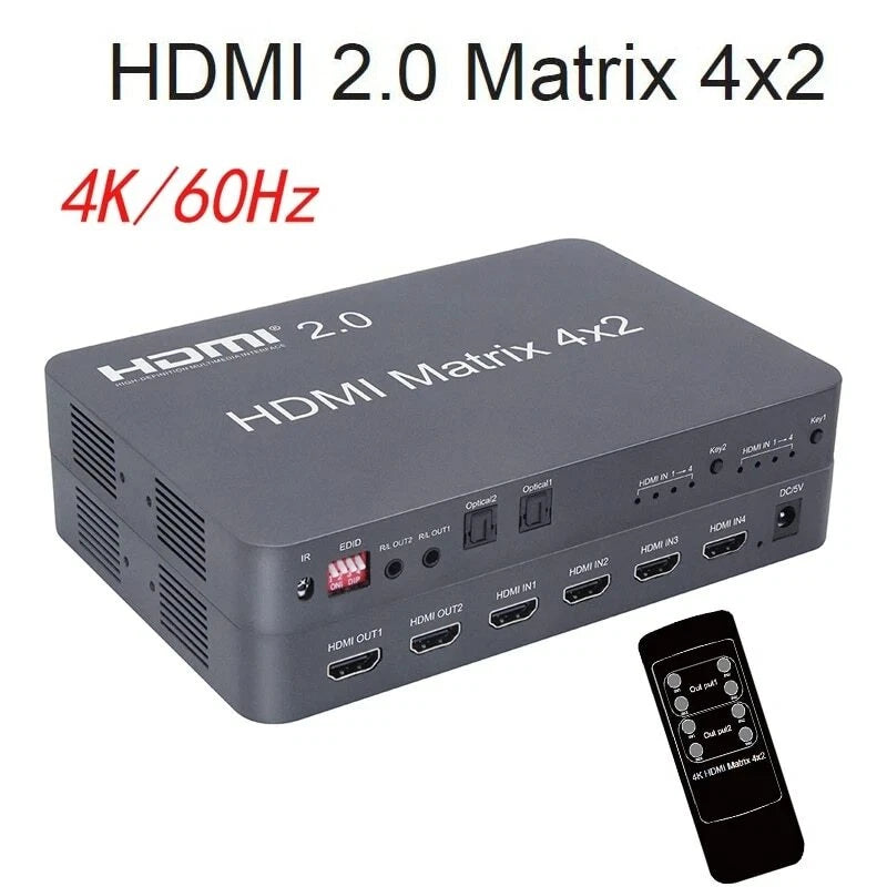 4K 60Hz HDMI 2.0 4x2 Matrix HDMI Switch Splitter Video Converter Audio Optical