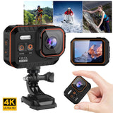Waterproof sport action camera kit with front lens, handle mount, and small rear screen