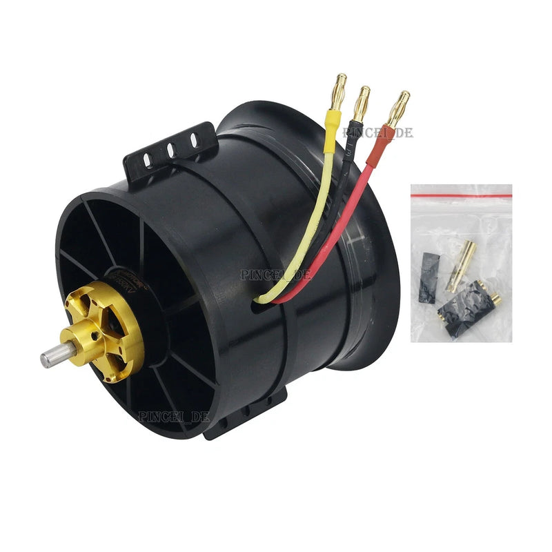Black EDF ducted fan motor with gold shaft and red/yellow wire leads