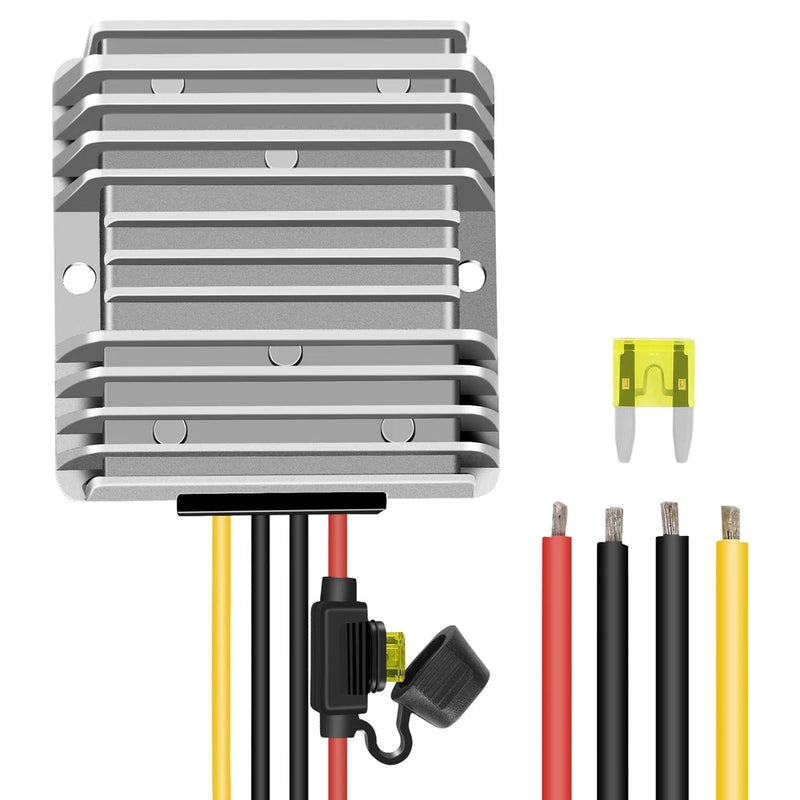 Metal DC step-down converter with heatsink, DC power plug, and four lead wires