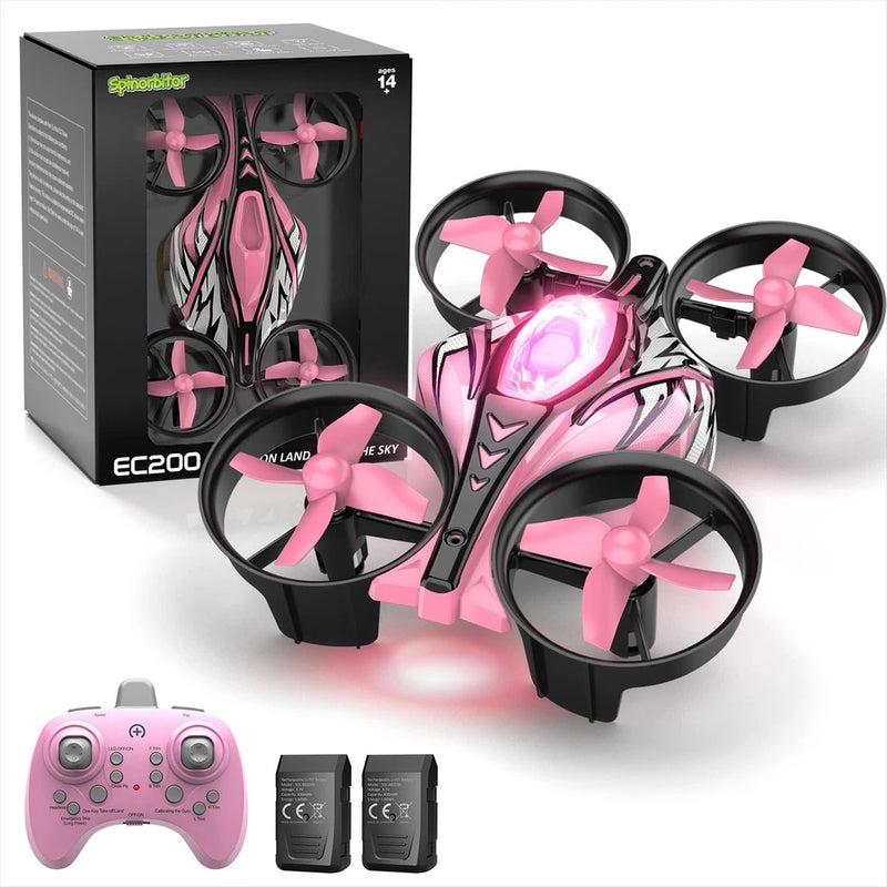 Pink and black mini quadcopter drone with 4 rotors, controller, and 2 spare batteries
