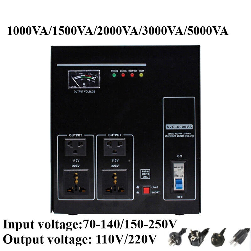 1/1.5/2/3/5KVA Automatic Voltage Stabilizer AC Regulator 70-140V/150-250V Input