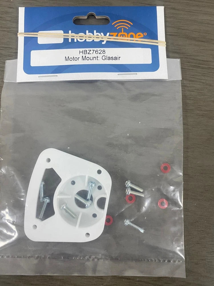 Hobbyzone motor mount kit with white mounting plate and screws for Glasair