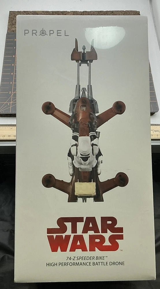 Star Wars 74-Z Speeder Bike battle drone toy in retail box, front view