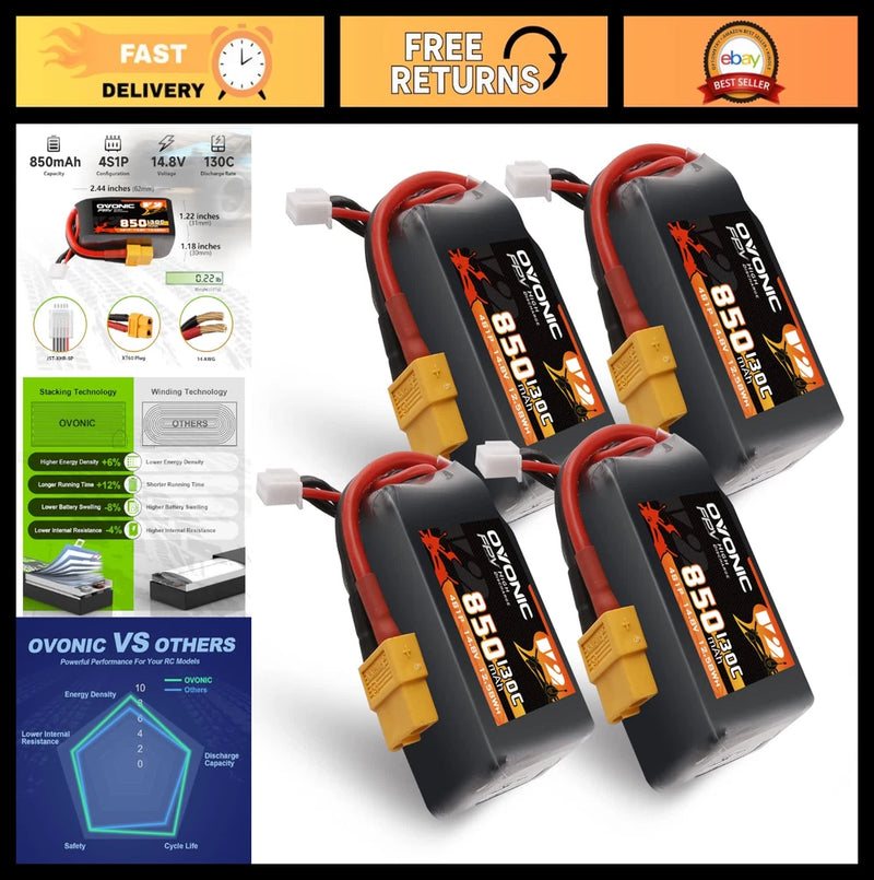High-Performance 130C 4S 850mAh LiPo Battery 14.8V XT60 Plug for FPV Racing Dron Battery