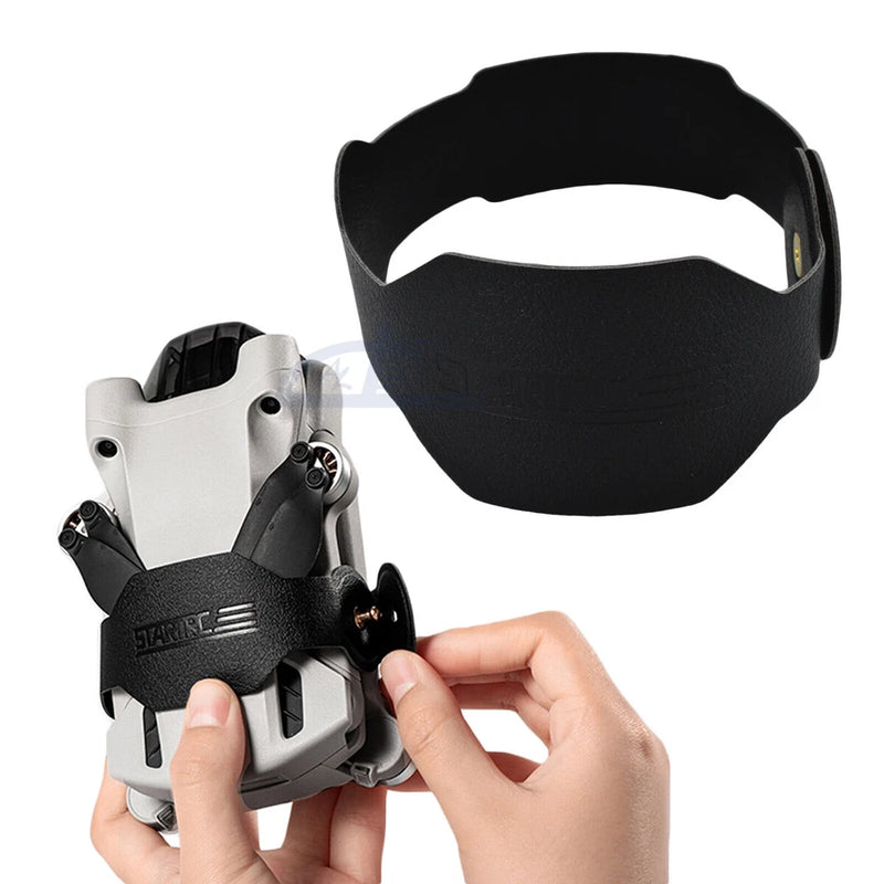 Black propeller stabilizer holder strap with gray metal clamp for drone
