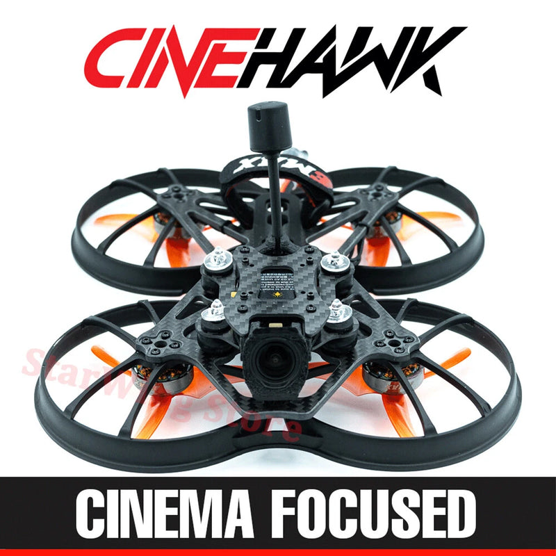 Black FPV cinewhoop drone with central camera and four orange prop guards