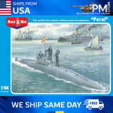 Grey 1/144 battery-powered submarine model with deck guns and periscope