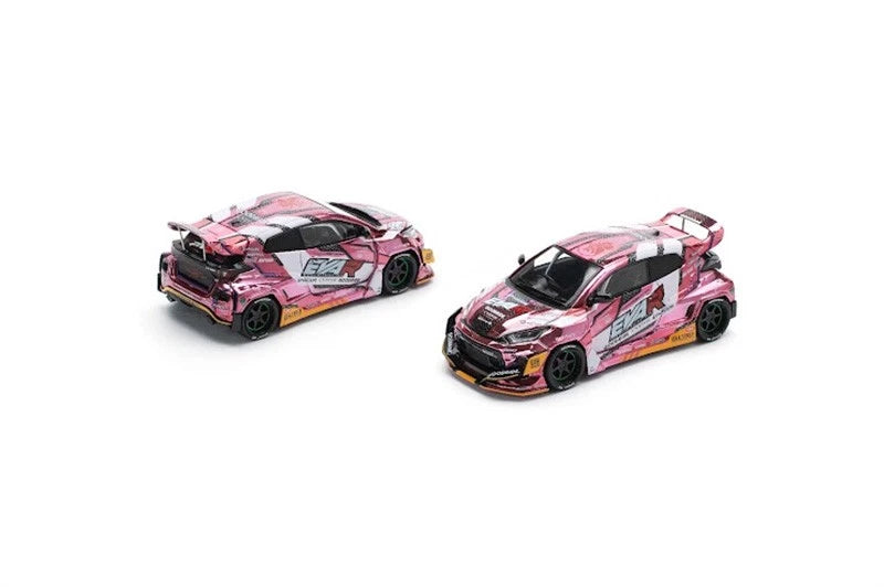 1:64 scale racing model car, pink and black graphics, two-quarter view