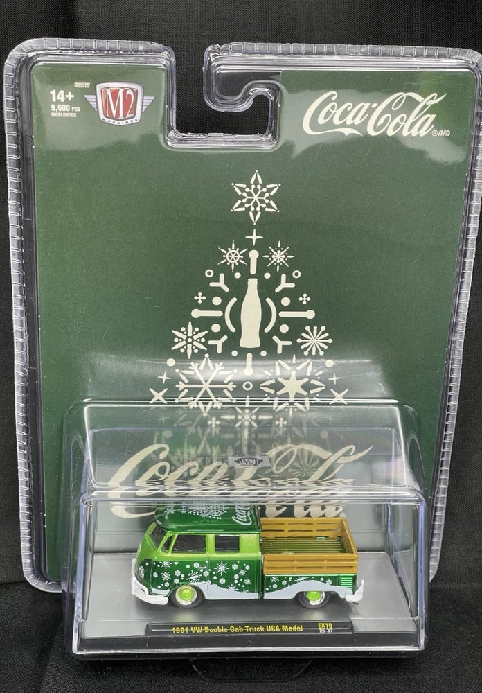 M2 Coca-Cola Christmas VW Double Cab die-cast truck model in green display case