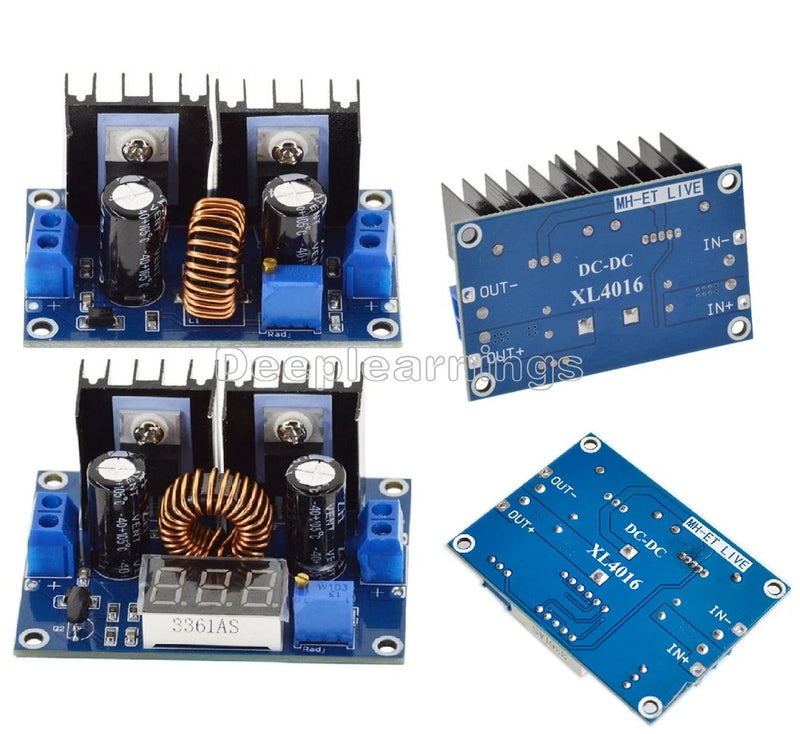 DC-DC step-down voltmeter module, blue PCB with inductor coil and input/output terminals