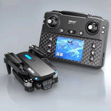 Dark quadcopter drone with front camera and blue LED lights, brushless motor design