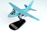 Light blue S-3B Viking aircraft model on black display stand, 1/72 scale