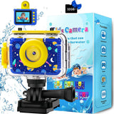 Kids waterproof digital action camera with blue-yellow housing, front screen, and mount