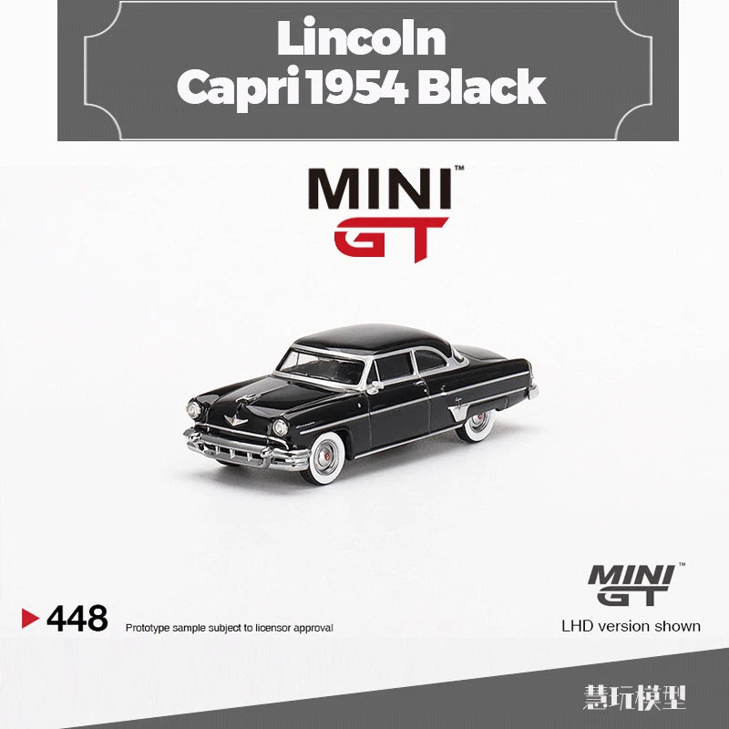 MINI GT 1:64 Lincoln Capri 1954 black die-cast model car, front-left LHD