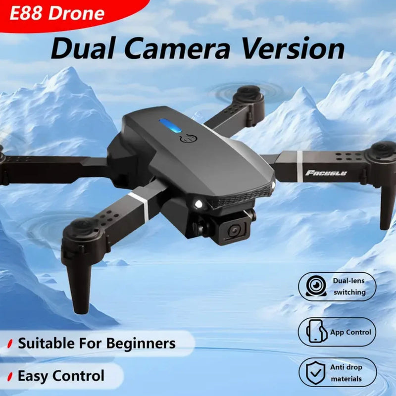 Quadcopter drone with dual camera, black and gray, front-mounted camera
