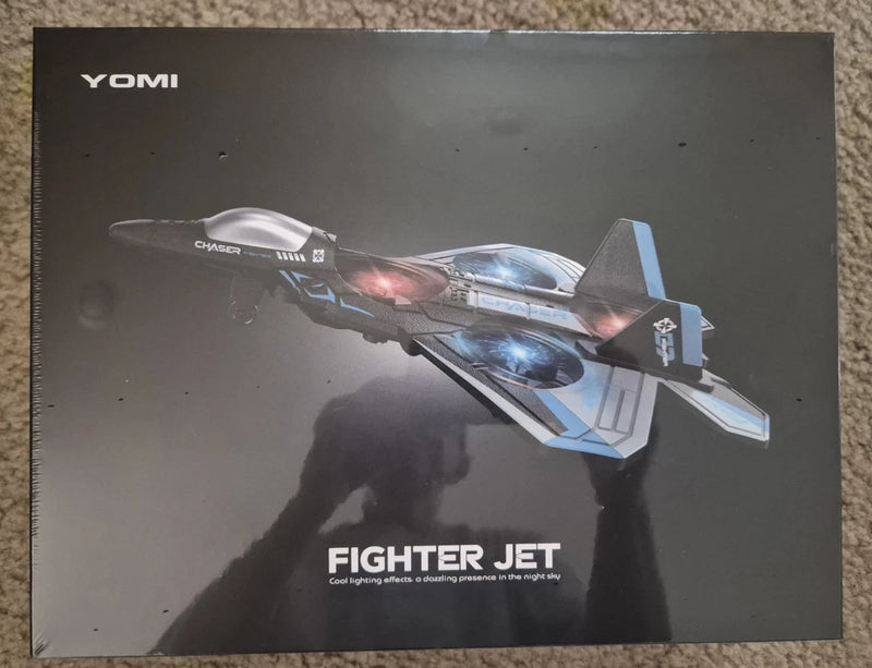 YOMI fighter jet drone package with blue and gray jet illustration and lights