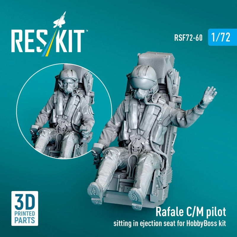Rafale C/M pilot figure in grey ejection seat, 3D printed, raised arms.