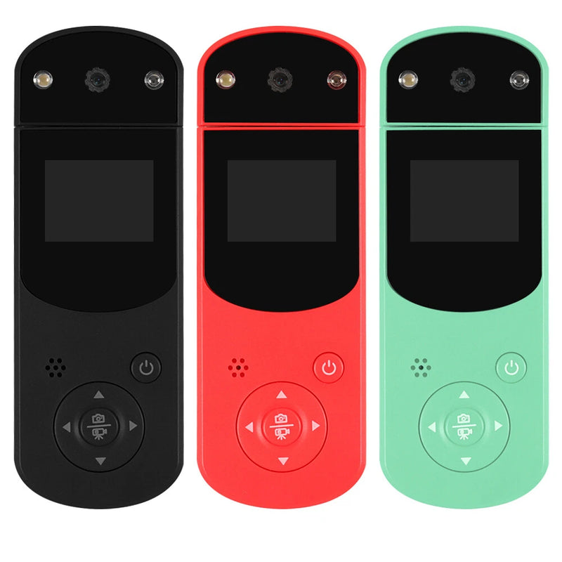 Handheld action camera front view with LCD and buttons, in black, red, and mint green.