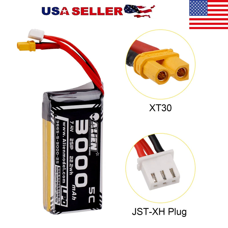 3000mAh 2S Lipo Battery 7.4V 5C XT30 Plug for RadioMaster TX16S RC Helicopter Battery