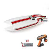 Red and white RC electric speedboat with dual motors, remote controller, and battery pack