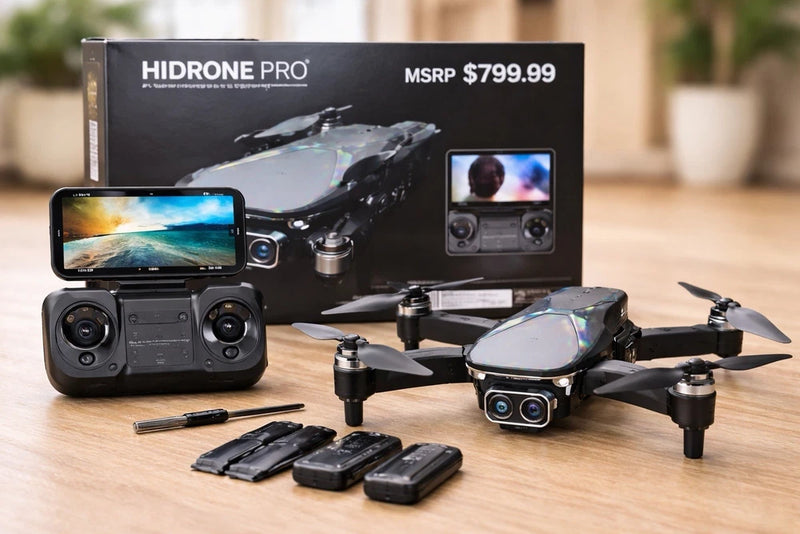 Foldable 4K GPS drone kit with remote controller, FPV screen, batteries and props