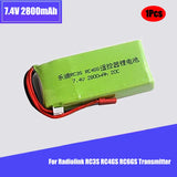 7.4V 2800mAh 2S LiPo battery pack with green casing and red/black leads