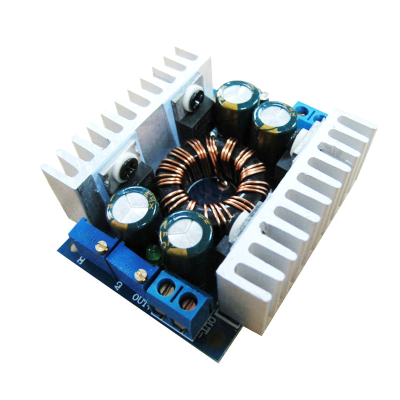 DC-DC buck boost converter module with copper inductor, capacitors, and heatsink fins