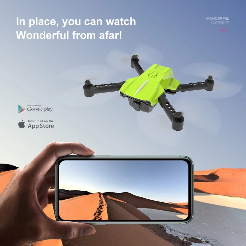Neon green mini quadcopter drone with four propellers and handheld phone controller view