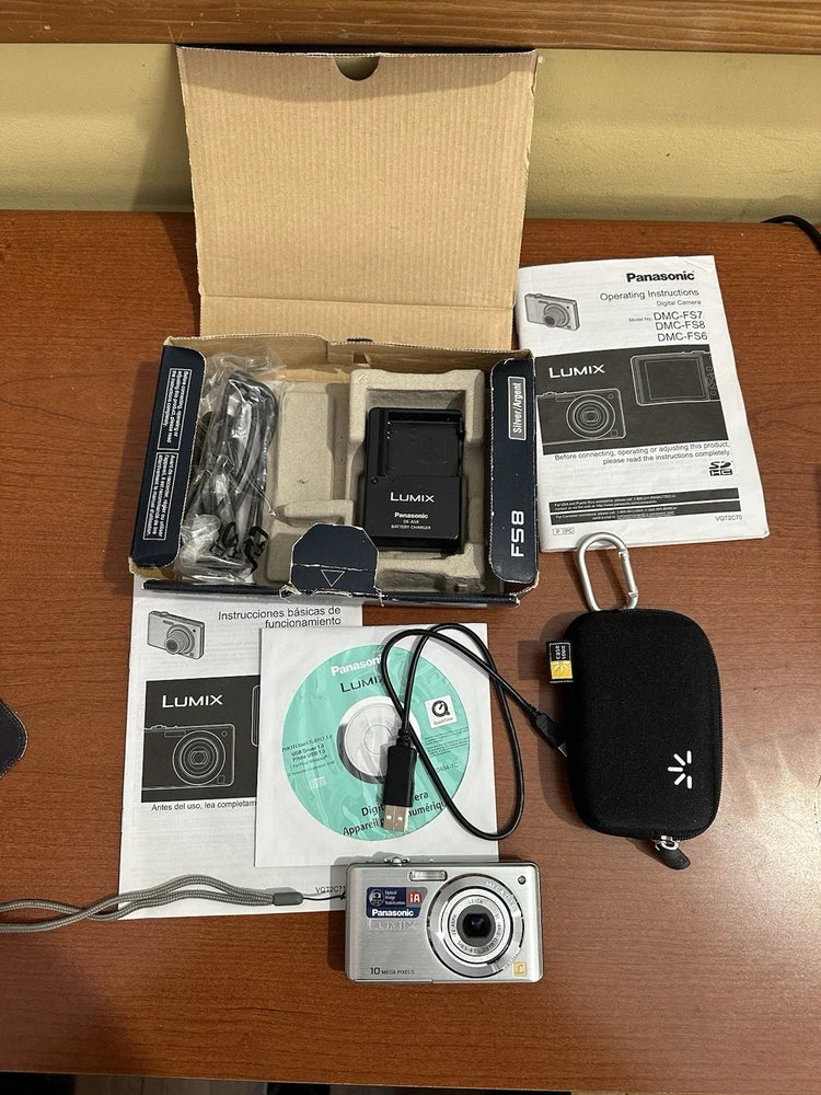 Panasonic LUMIX DMC-FS8 digital camera kit with case, charger, manuals and strap