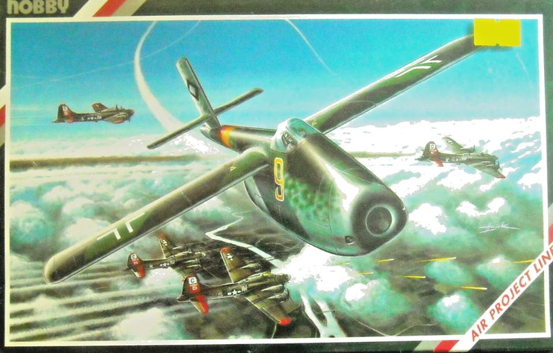 1:72 aircraft model kit box art with green jet flying over clouds