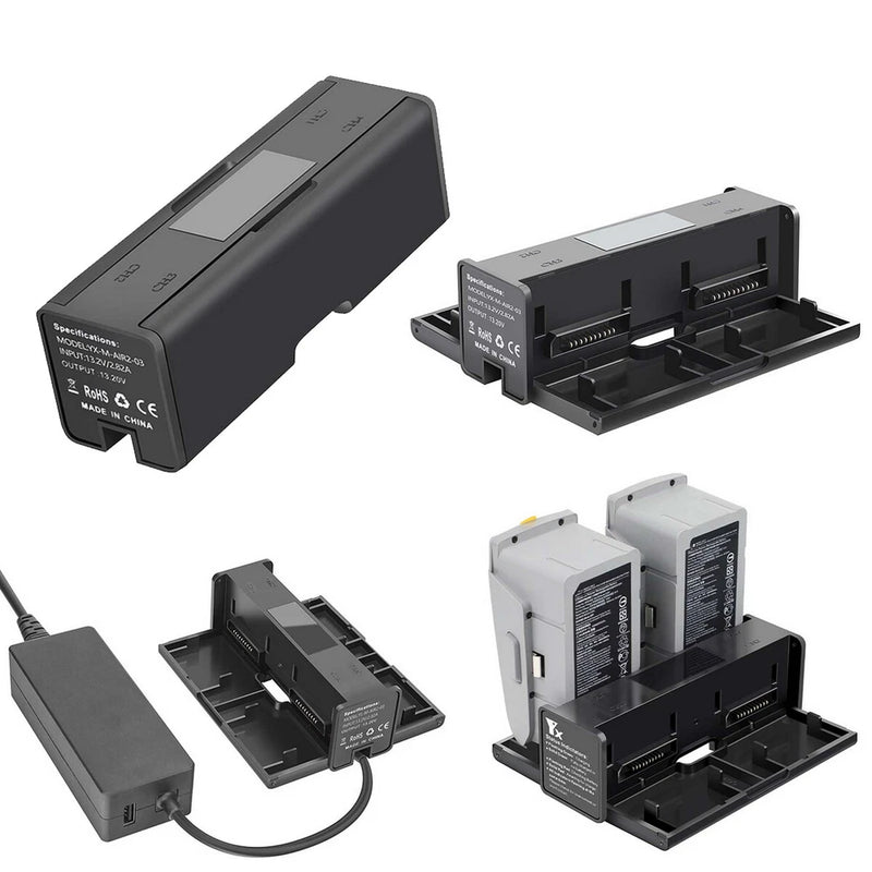 Drone battery charging hub with dual battery slots, LED indicators, and power cable, dark gray