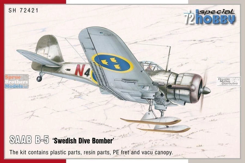 1:72 scale SAAB B-5 dive bomber aircraft model kit, light gray with yellow markings