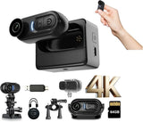 Black 4K mini action camera with 64GB card and accessories, thumb POV
